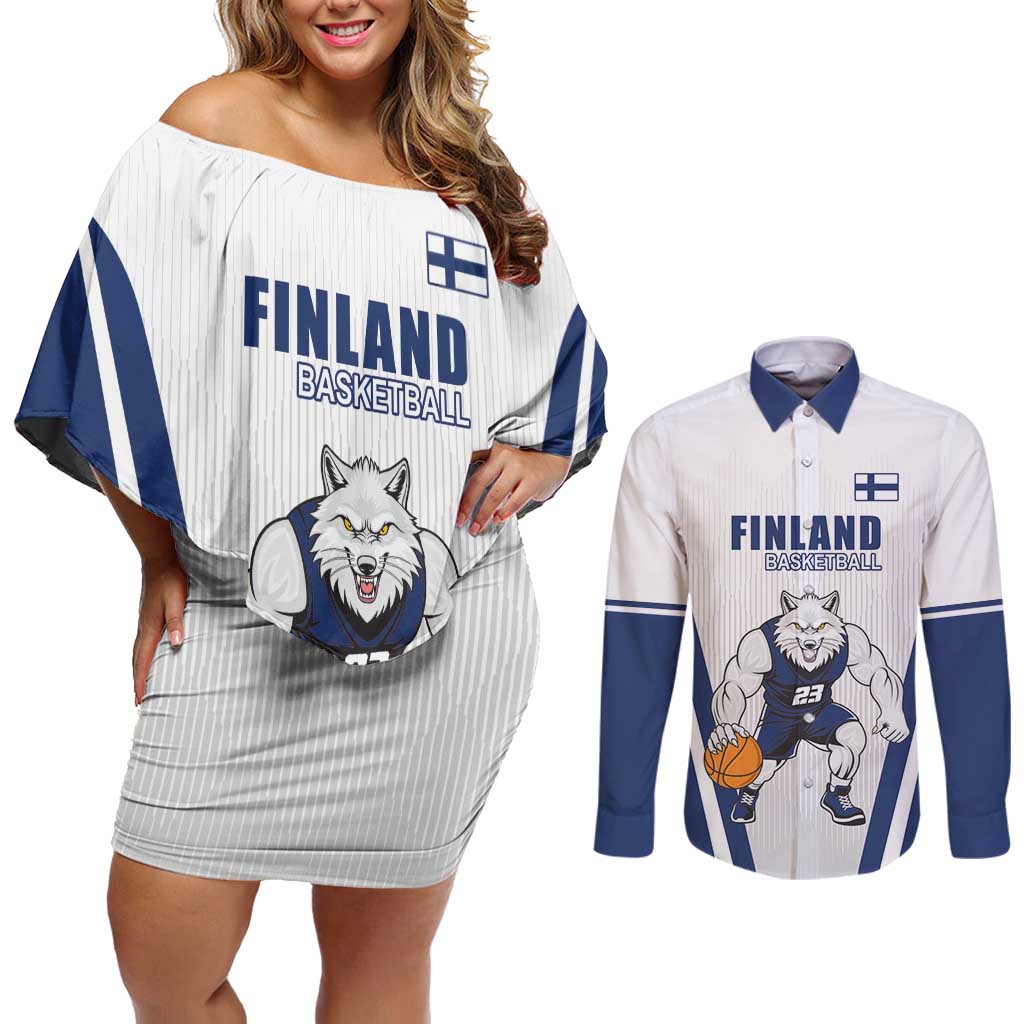 Finland Basketball Custom Couples Matching Off Shoulder Short Dress and Long Sleeve Button Shirt Wolf Mascot Dynamic Style - Wonder Print Shop