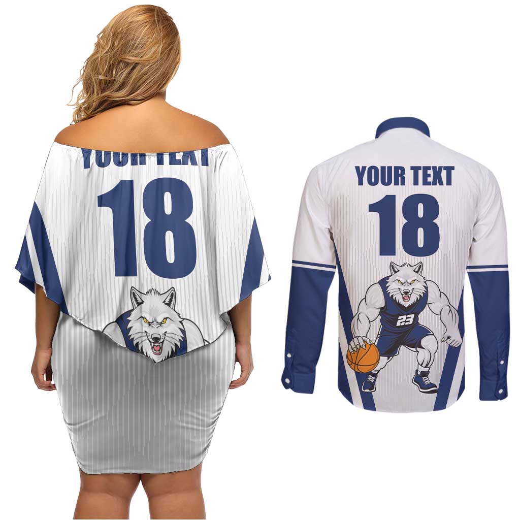 Finland Basketball Custom Couples Matching Off Shoulder Short Dress and Long Sleeve Button Shirt Wolf Mascot Dynamic Style - Wonder Print Shop