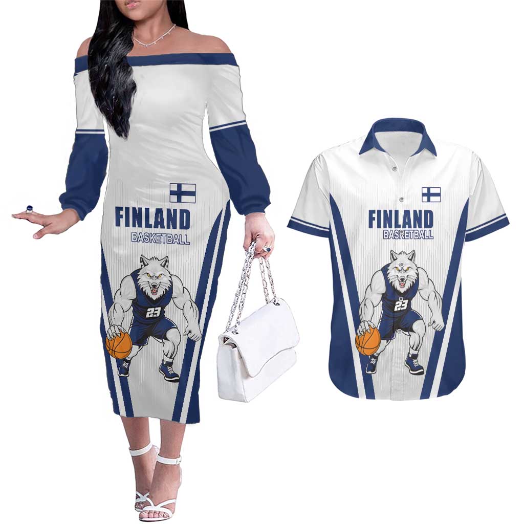 Finland Basketball Custom Couples Matching Off The Shoulder Long Sleeve Dress and Hawaiian Shirt Wolf Mascot Dynamic Style - Wonder Print Shop