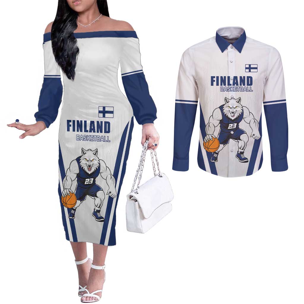 Finland Basketball Custom Couples Matching Off The Shoulder Long Sleeve Dress and Long Sleeve Button Shirt Wolf Mascot Dynamic Style - Wonder Print Shop
