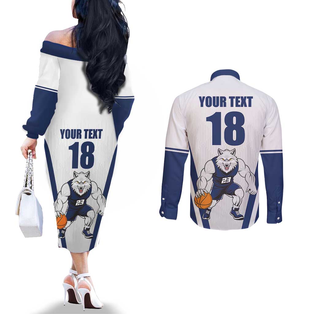 Finland Basketball Custom Couples Matching Off The Shoulder Long Sleeve Dress and Long Sleeve Button Shirt Wolf Mascot Dynamic Style - Wonder Print Shop