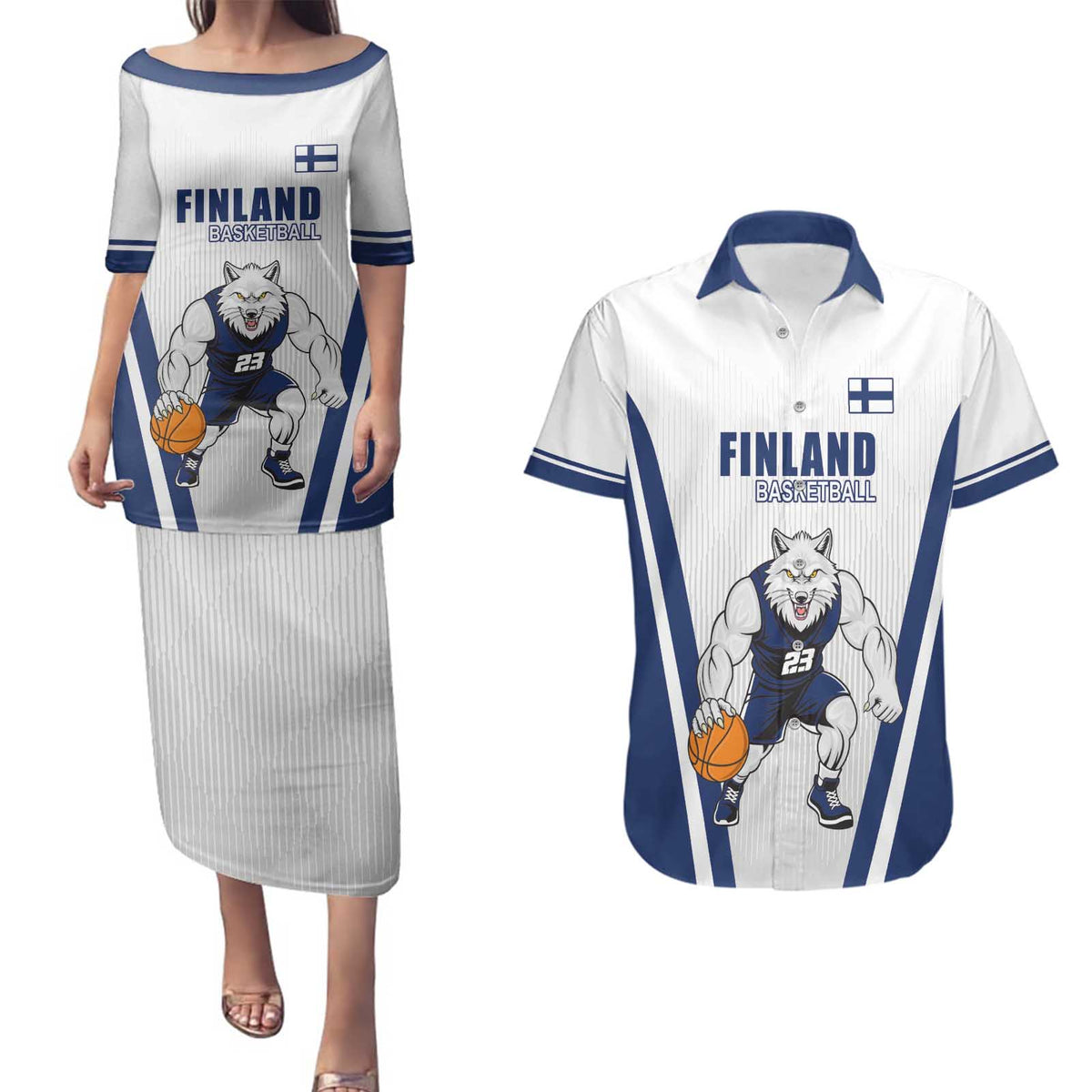 Finland Basketball Custom Couples Matching Puletasi and Hawaiian Shirt Wolf Mascot Dynamic Style - Wonder Print Shop