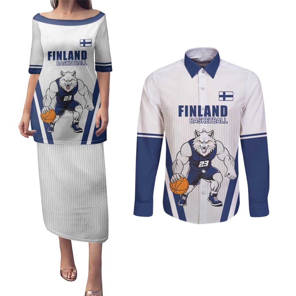 Finland Basketball Custom Couples Matching Puletasi and Long Sleeve Button Shirt Wolf Mascot Dynamic Style - Wonder Print Shop