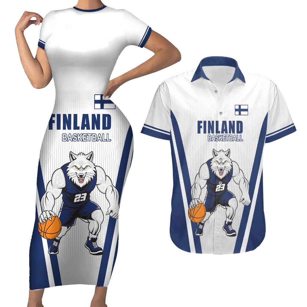 Finland Basketball Custom Couples Matching Short Sleeve Bodycon Dress and Hawaiian Shirt Wolf Mascot Dynamic Style - Wonder Print Shop