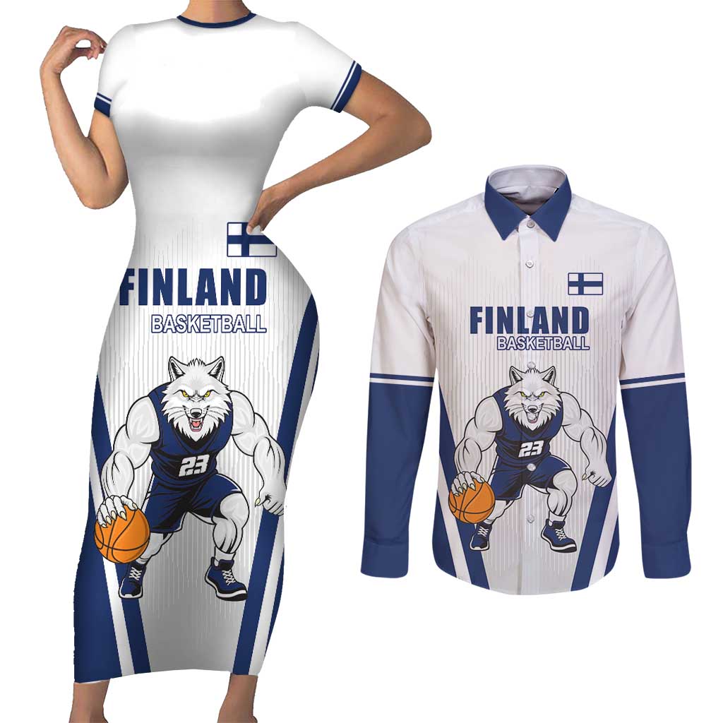 Finland Basketball Custom Couples Matching Short Sleeve Bodycon Dress and Long Sleeve Button Shirt Wolf Mascot Dynamic Style - Wonder Print Shop