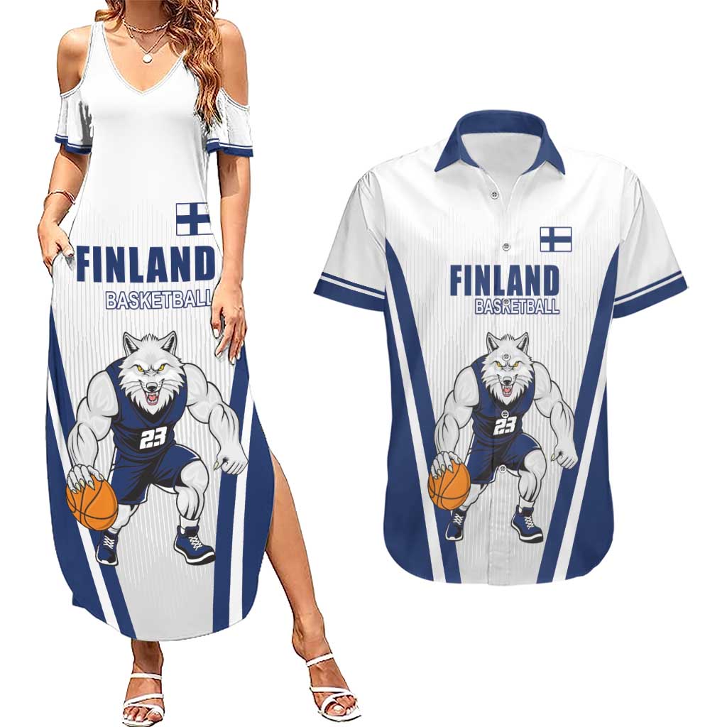 Finland Basketball Custom Couples Matching Summer Maxi Dress and Hawaiian Shirt Wolf Mascot Dynamic Style - Wonder Print Shop