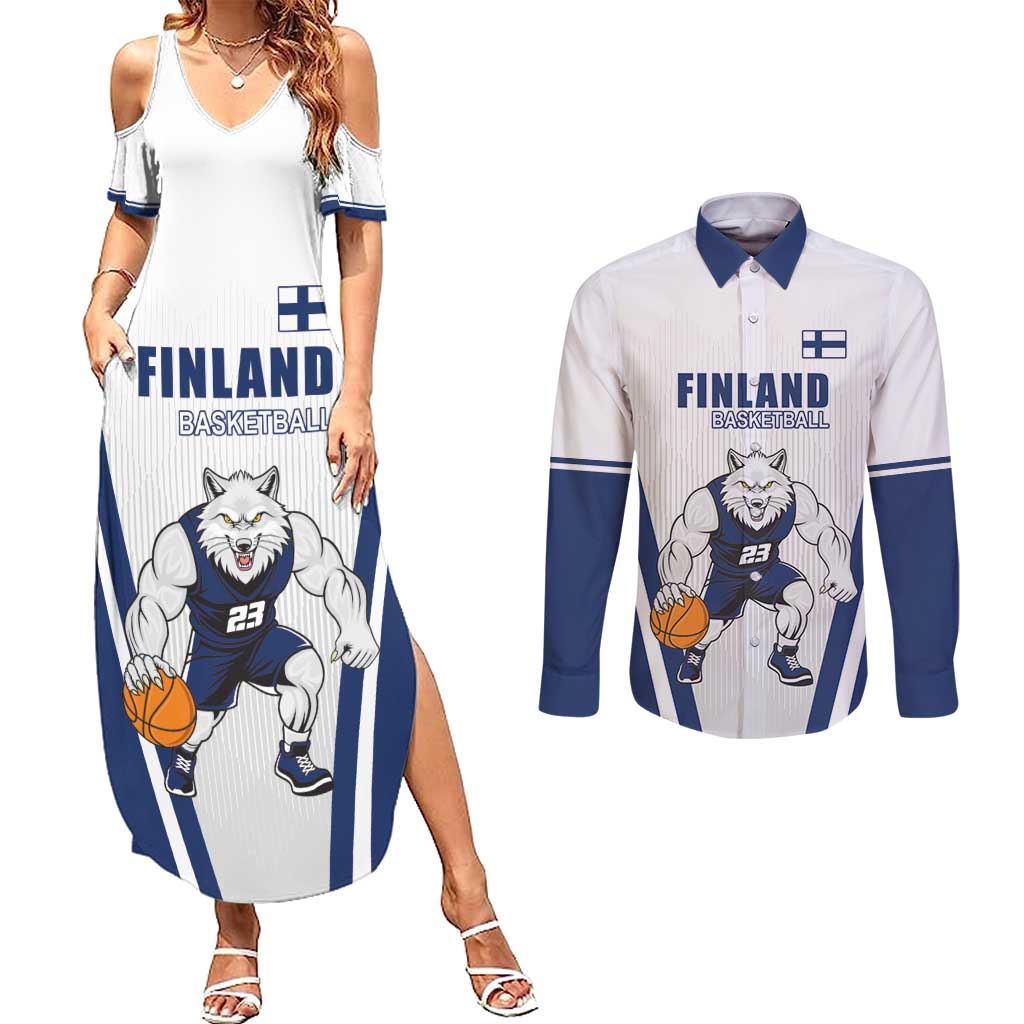 Finland Basketball Custom Couples Matching Summer Maxi Dress and Long Sleeve Button Shirt Wolf Mascot Dynamic Style - Wonder Print Shop