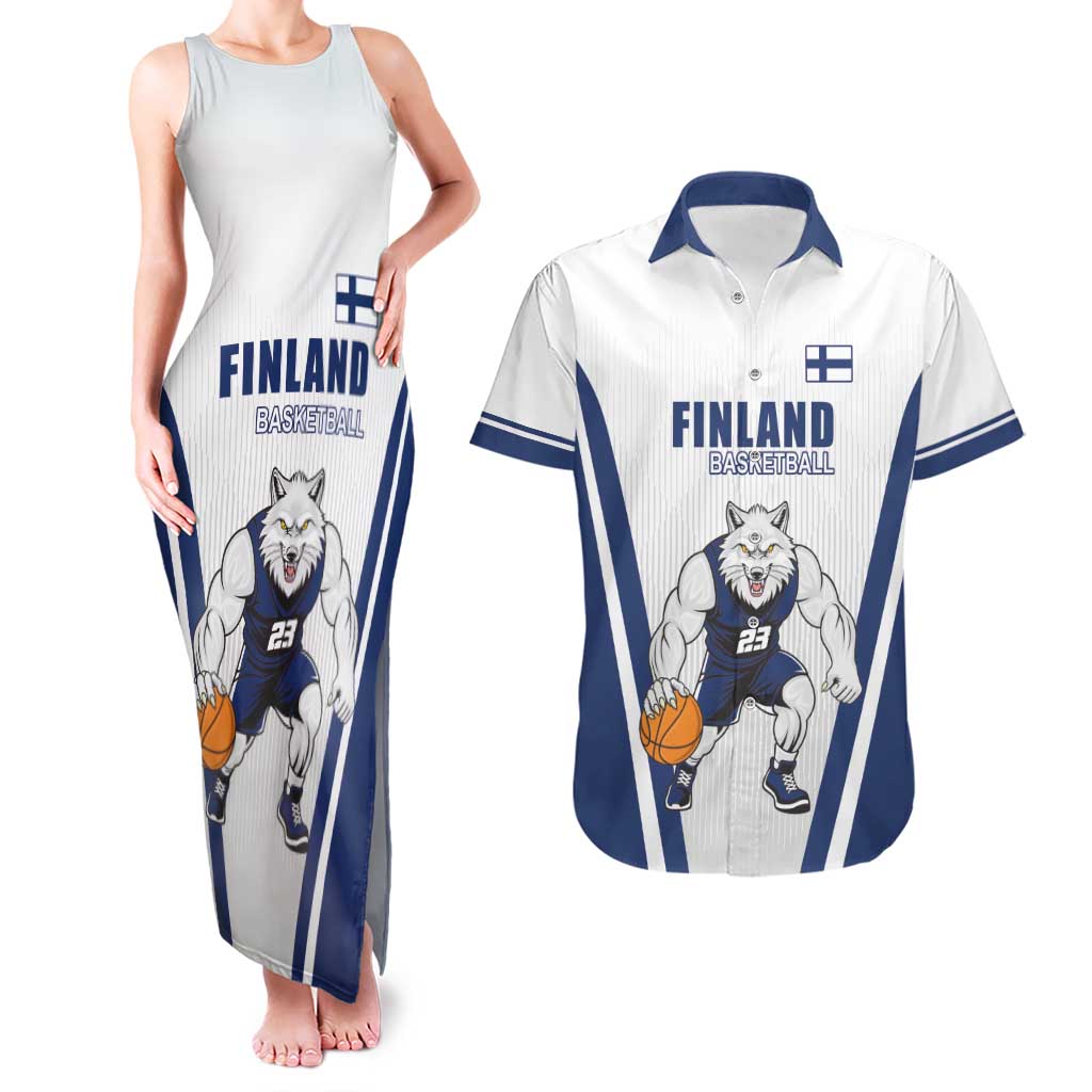 Finland Basketball Custom Couples Matching Tank Maxi Dress and Hawaiian Shirt Wolf Mascot Dynamic Style - Wonder Print Shop