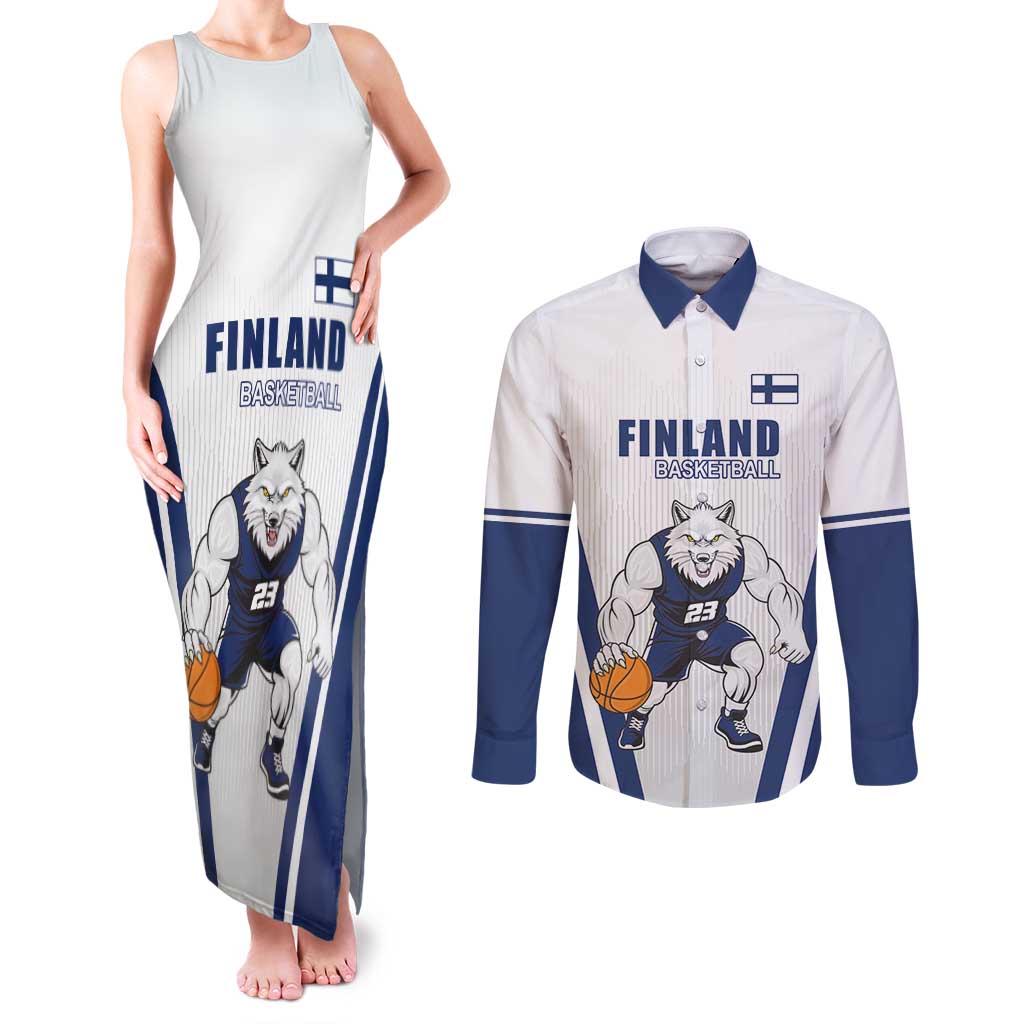 Finland Basketball Custom Couples Matching Tank Maxi Dress and Long Sleeve Button Shirt Wolf Mascot Dynamic Style - Wonder Print Shop