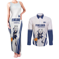 Finland Basketball Custom Couples Matching Tank Maxi Dress and Long Sleeve Button Shirt Wolf Mascot Dynamic Style - Wonder Print Shop