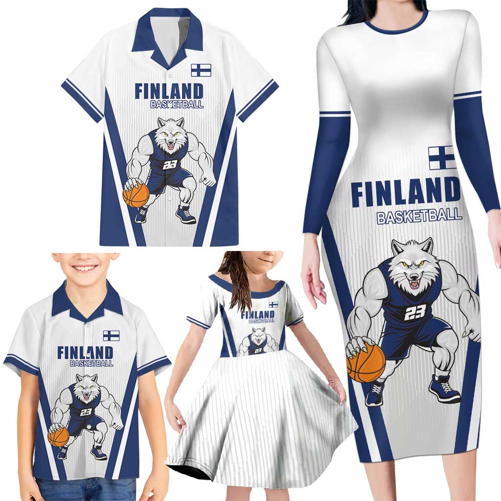 Finland Basketball Custom Family Matching Long Sleeve Bodycon Dress and Hawaiian Shirt Wolf Mascot Dynamic Style - Wonder Print Shop