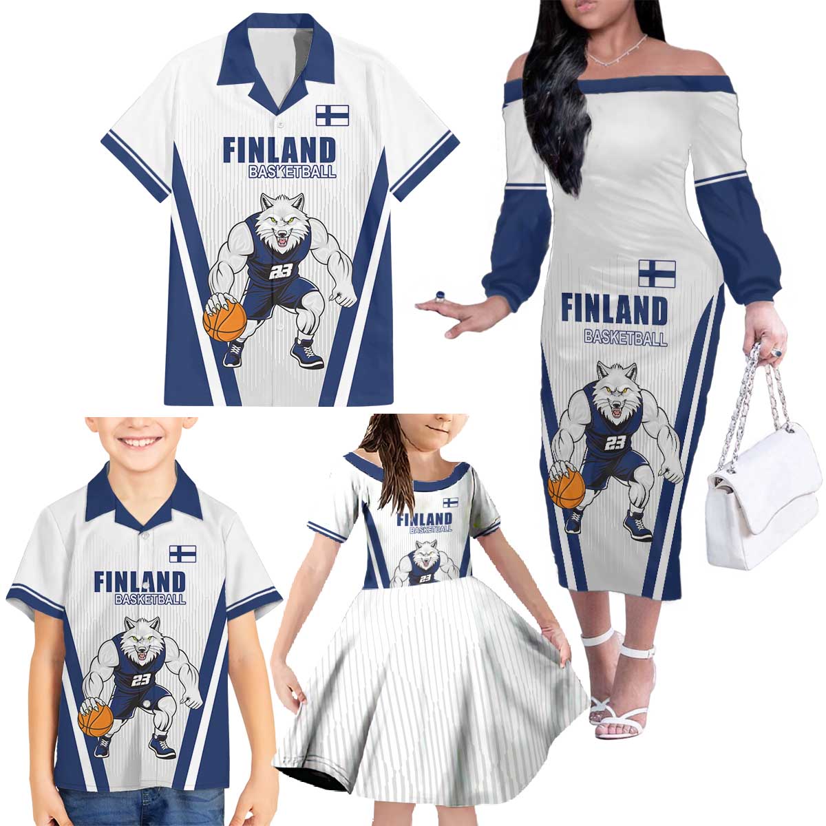 Finland Basketball Custom Family Matching Off The Shoulder Long Sleeve Dress and Hawaiian Shirt Wolf Mascot Dynamic Style - Wonder Print Shop