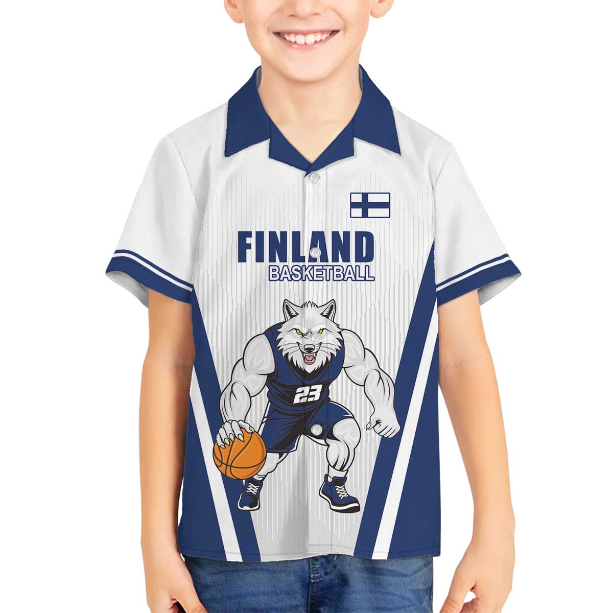 Finland Basketball Custom Family Matching Off The Shoulder Long Sleeve Dress and Hawaiian Shirt Wolf Mascot Dynamic Style - Wonder Print Shop