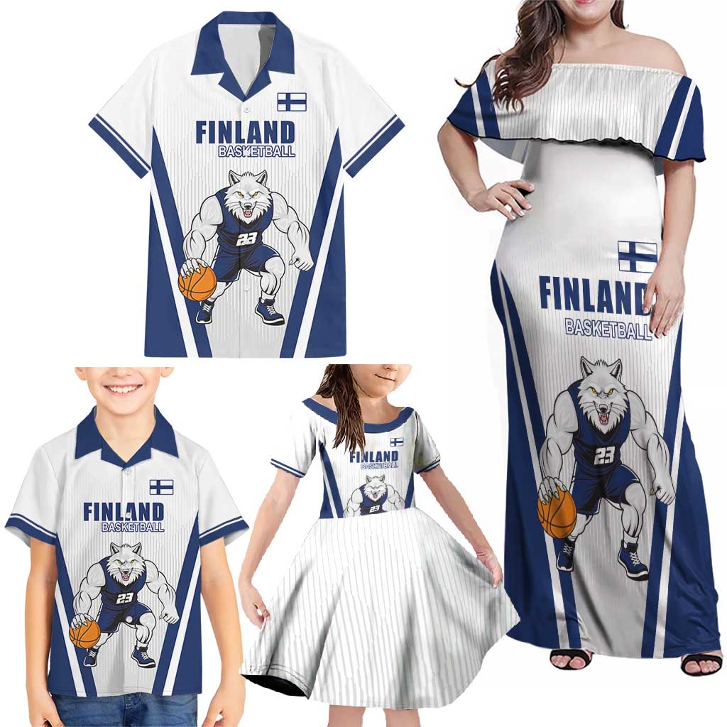Finland Basketball Custom Family Matching Off Shoulder Maxi Dress and Hawaiian Shirt Wolf Mascot Dynamic Style - Wonder Print Shop