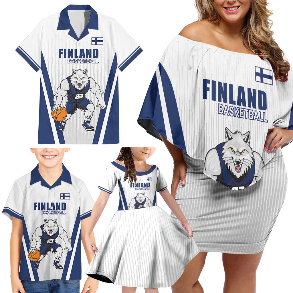 Finland Basketball Custom Family Matching Off Shoulder Short Dress and Hawaiian Shirt Wolf Mascot Dynamic Style - Wonder Print Shop