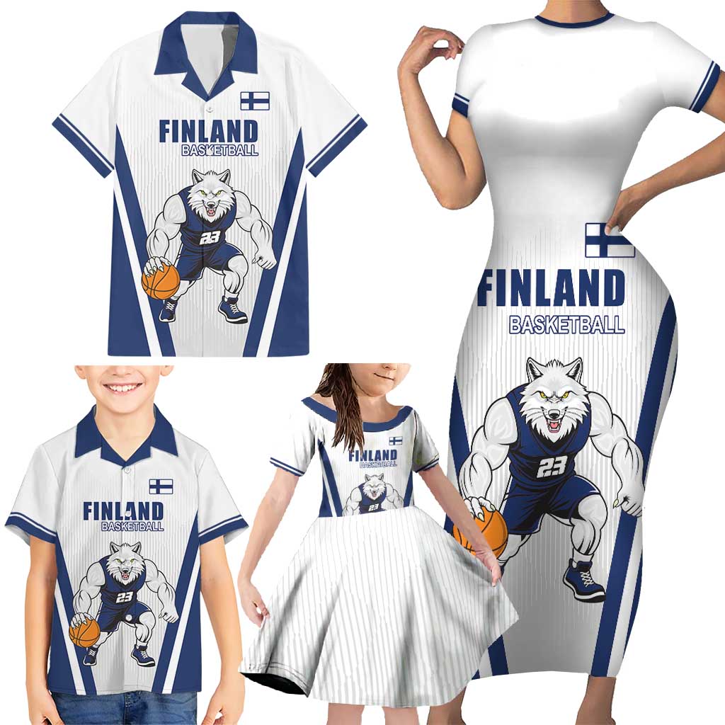 Finland Basketball Custom Family Matching Short Sleeve Bodycon Dress and Hawaiian Shirt Wolf Mascot Dynamic Style - Wonder Print Shop