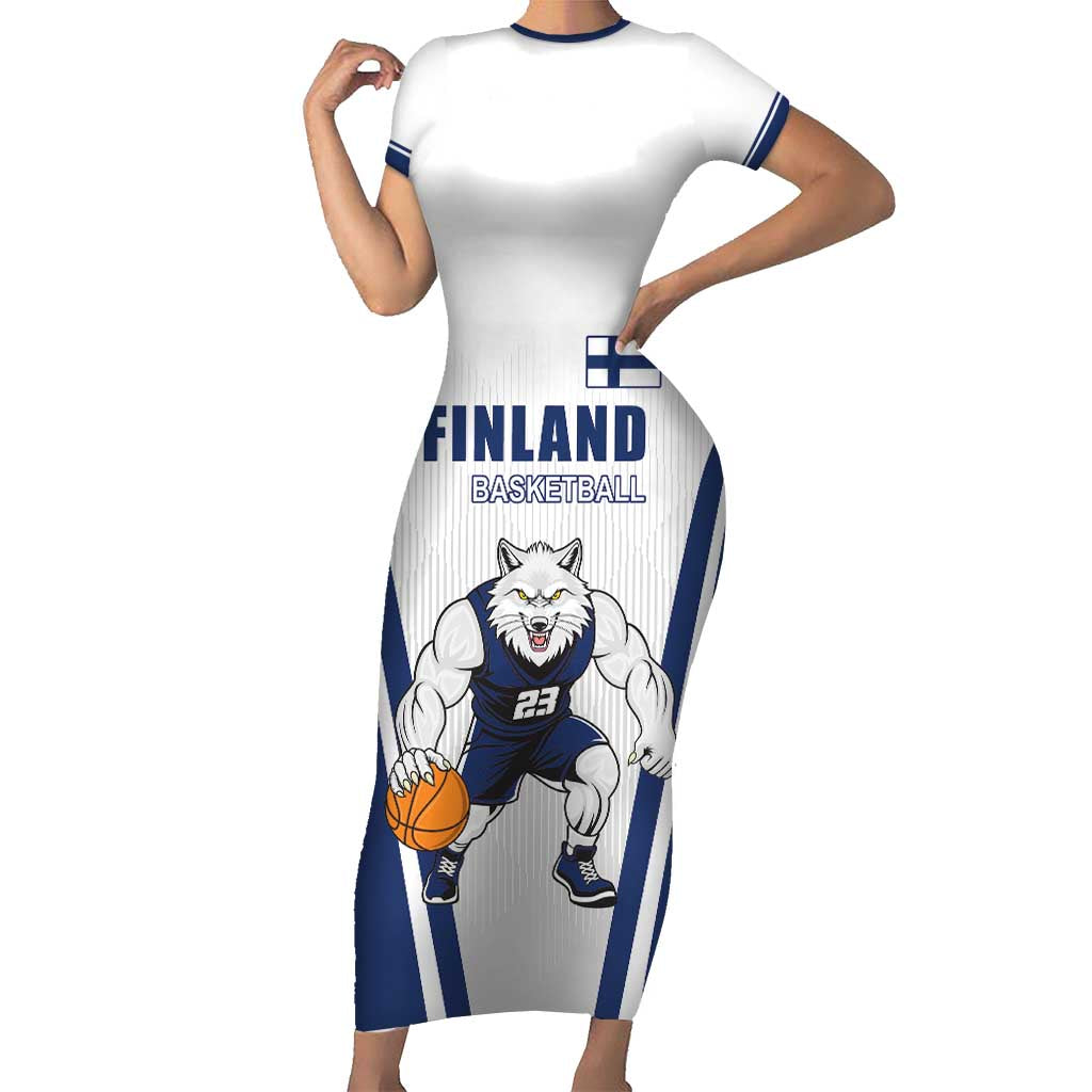 Finland Basketball Custom Family Matching Short Sleeve Bodycon Dress and Hawaiian Shirt Wolf Mascot Dynamic Style - Wonder Print Shop