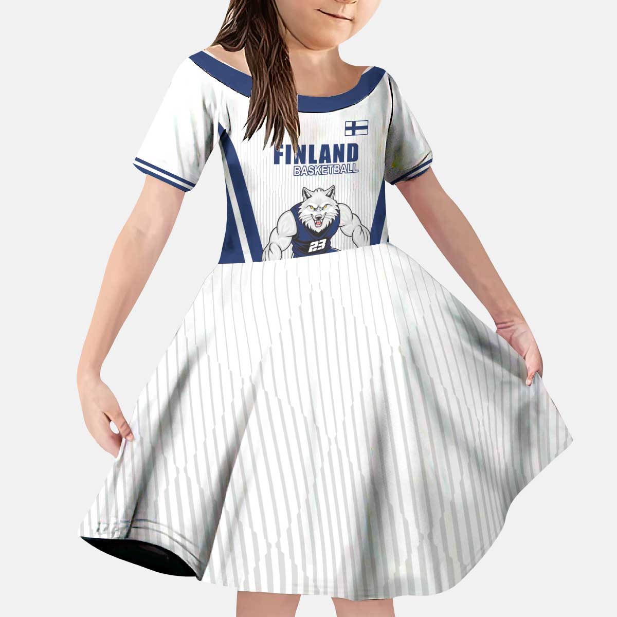 Finland Basketball Custom Kid Short Sleeve Dress Wolf Mascot Dynamic Style - Wonder Print Shop
