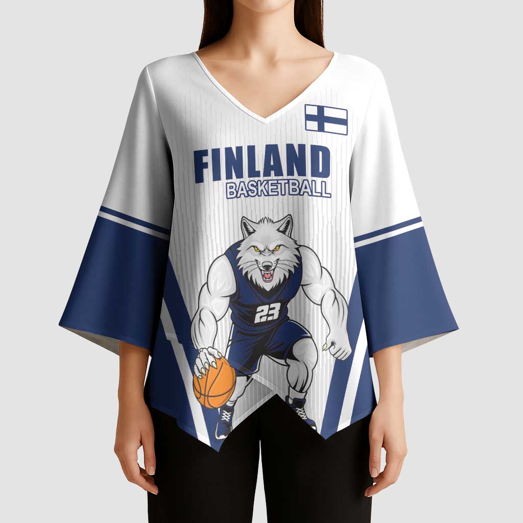 Finland Basketball Custom Kimono Sleeve Blouse Wolf Mascot Dynamic Style - Wonder Print Shop