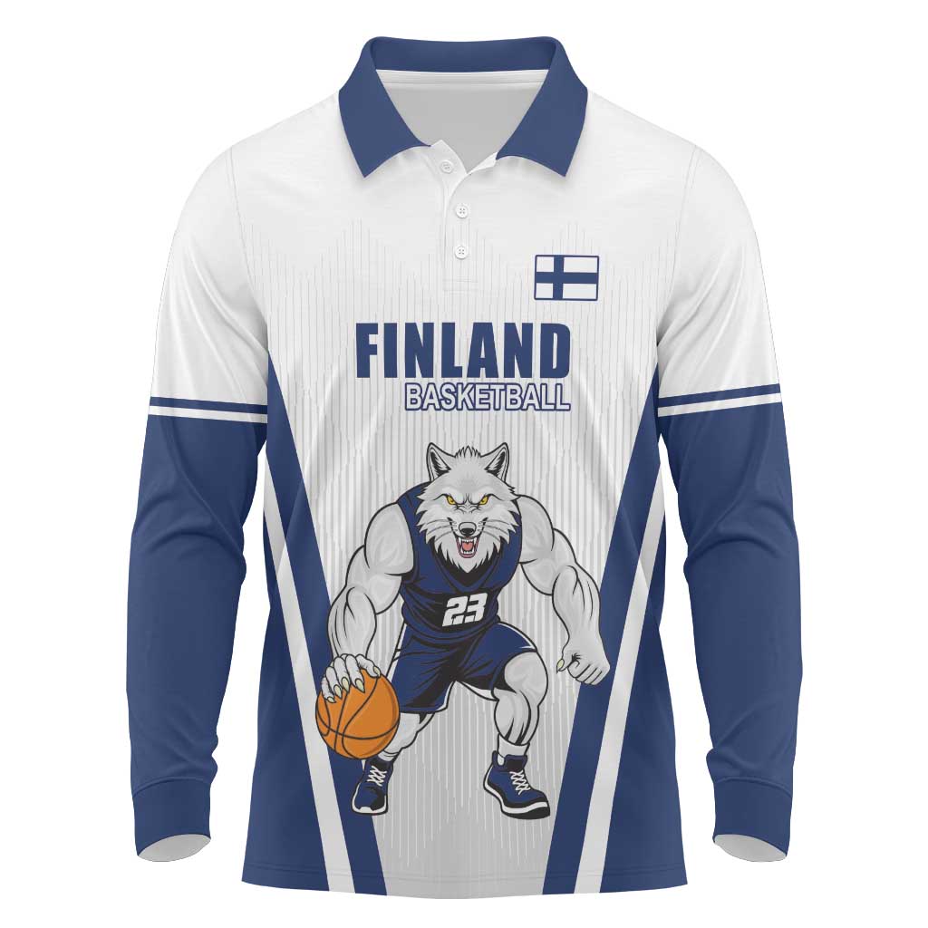 Finland Basketball Custom Long Sleeve Polo Shirt Wolf Mascot Dynamic Style - Wonder Print Shop