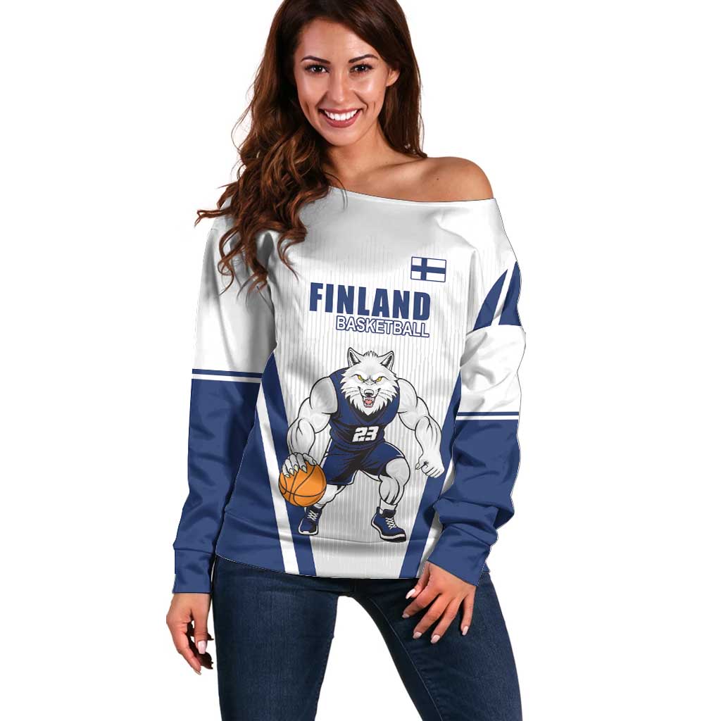 Finland Basketball Custom Off Shoulder Sweater Wolf Mascot Dynamic Style - Wonder Print Shop