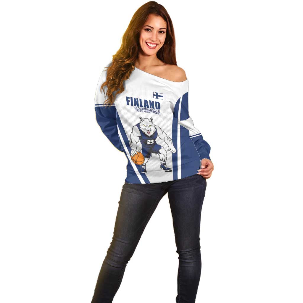 Finland Basketball Custom Off Shoulder Sweater Wolf Mascot Dynamic Style - Wonder Print Shop