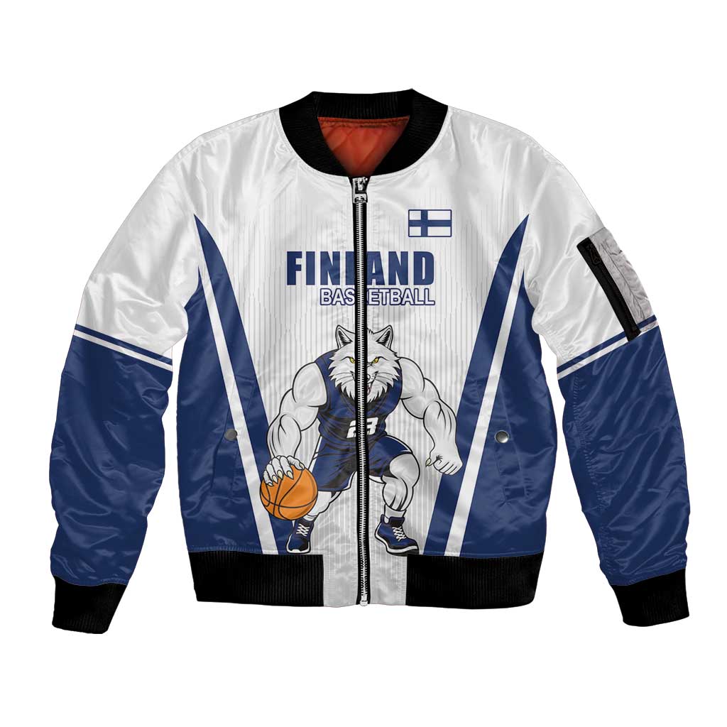 Finland Basketball Custom Sleeve Zip Bomber Jacket Wolf Mascot Dynamic Style - Wonder Print Shop