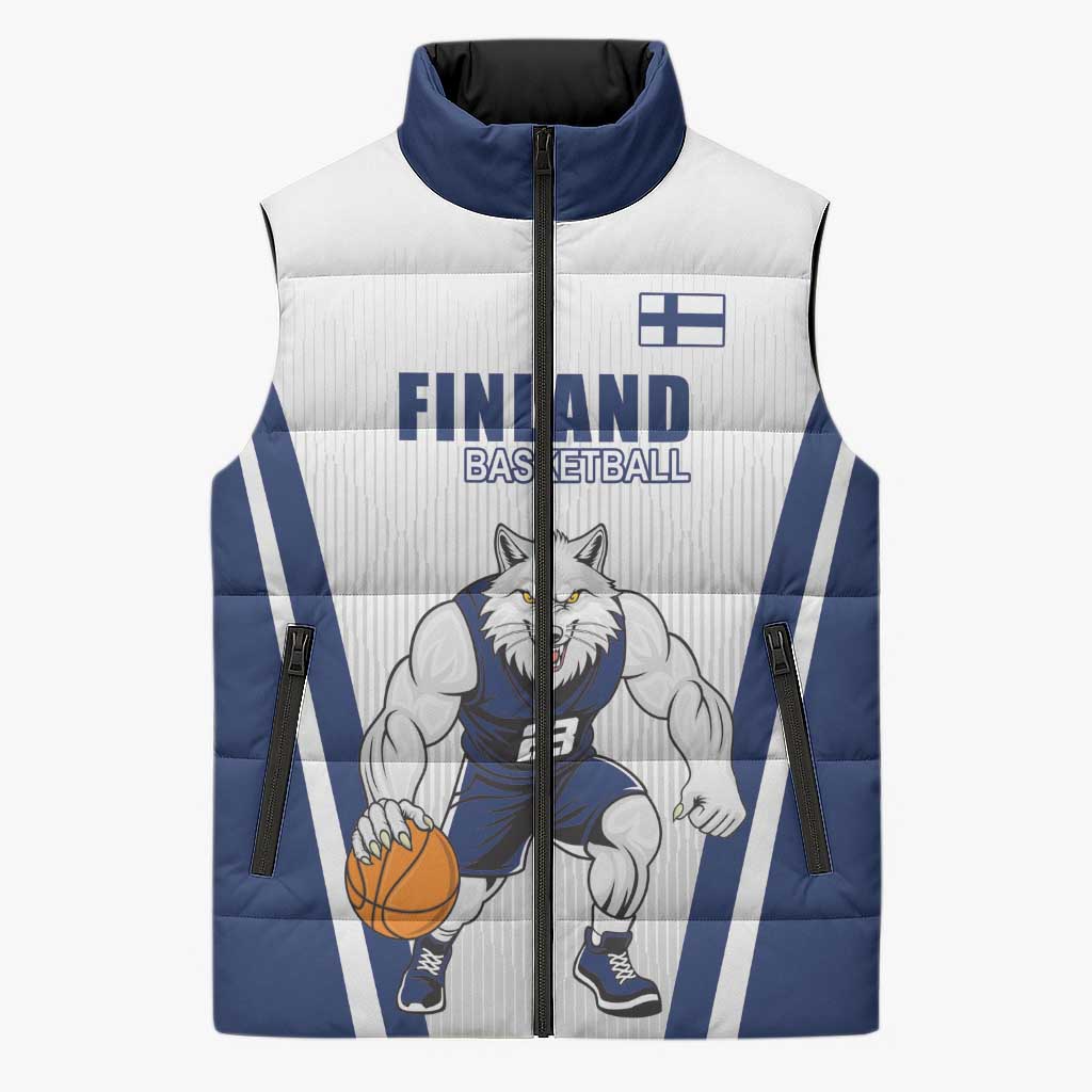 Finland Basketball Custom Sleeveless Puffer Jacket Wolf Mascot Dynamic Style - Wonder Print Shop