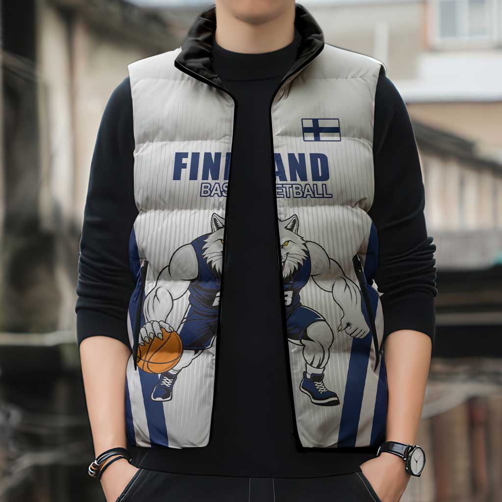 Finland Basketball Custom Sleeveless Puffer Jacket Wolf Mascot Dynamic Style - Wonder Print Shop