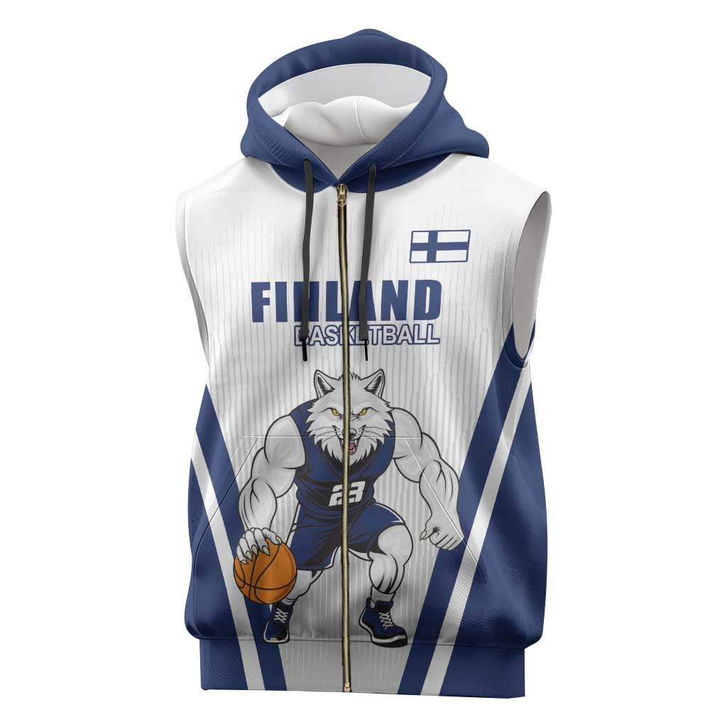 Finland Basketball Custom Sleeveless Zip Hoodie Wolf Mascot Dynamic Style - Wonder Print Shop