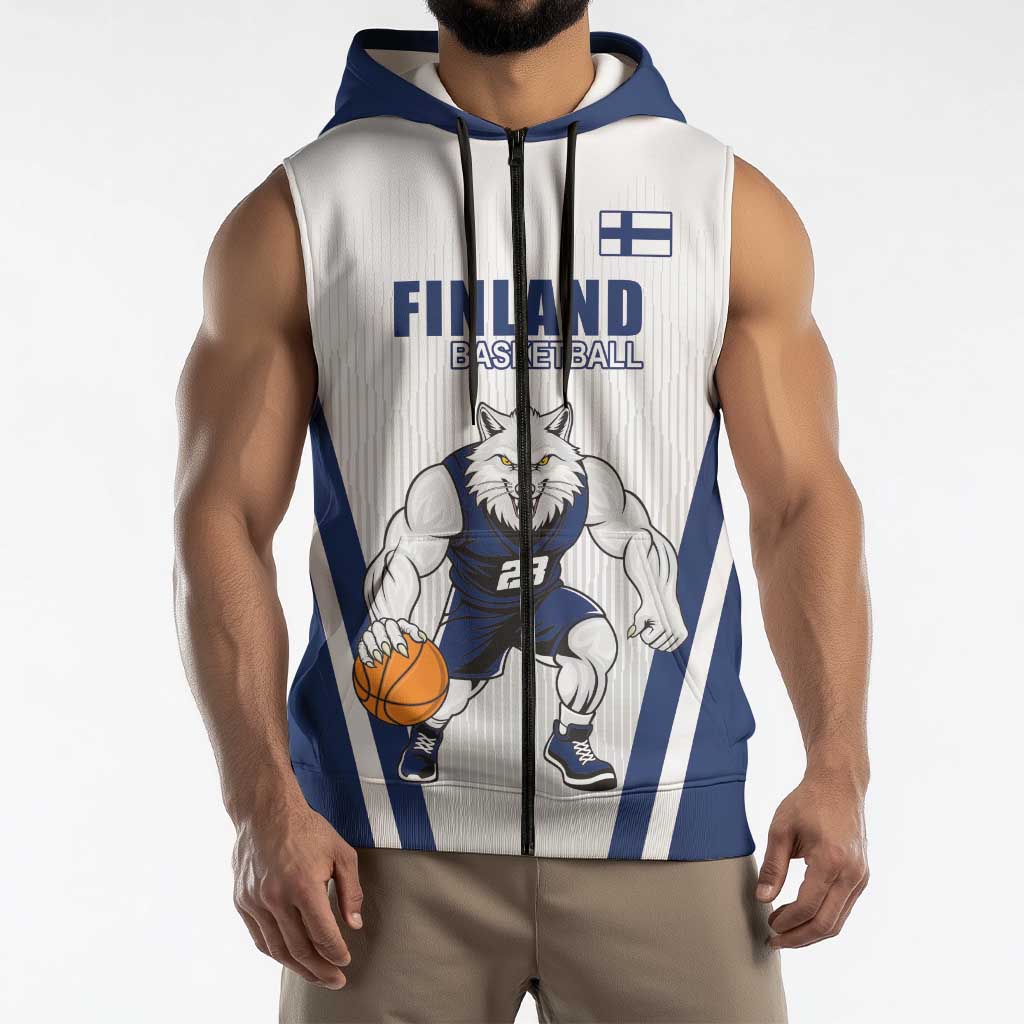 Finland Basketball Custom Sleeveless Zip Hoodie Wolf Mascot Dynamic Style - Wonder Print Shop