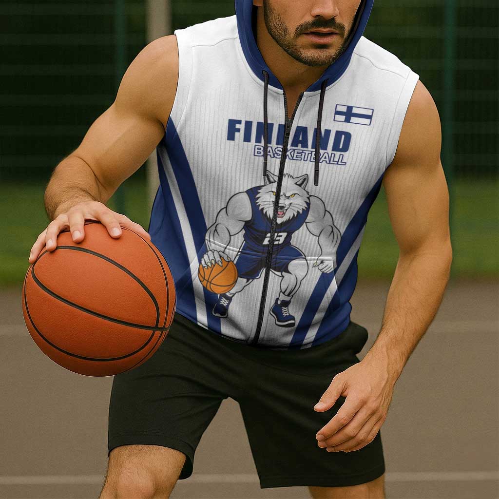 Finland Basketball Custom Sleeveless Zip Hoodie Wolf Mascot Dynamic Style - Wonder Print Shop