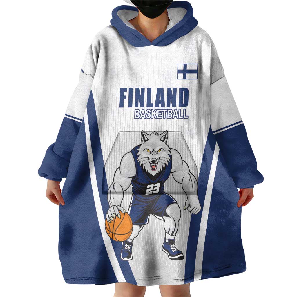 Finland Basketball Custom Wearable Blanket Hoodie Wolf Mascot Dynamic Style - Wonder Print Shop