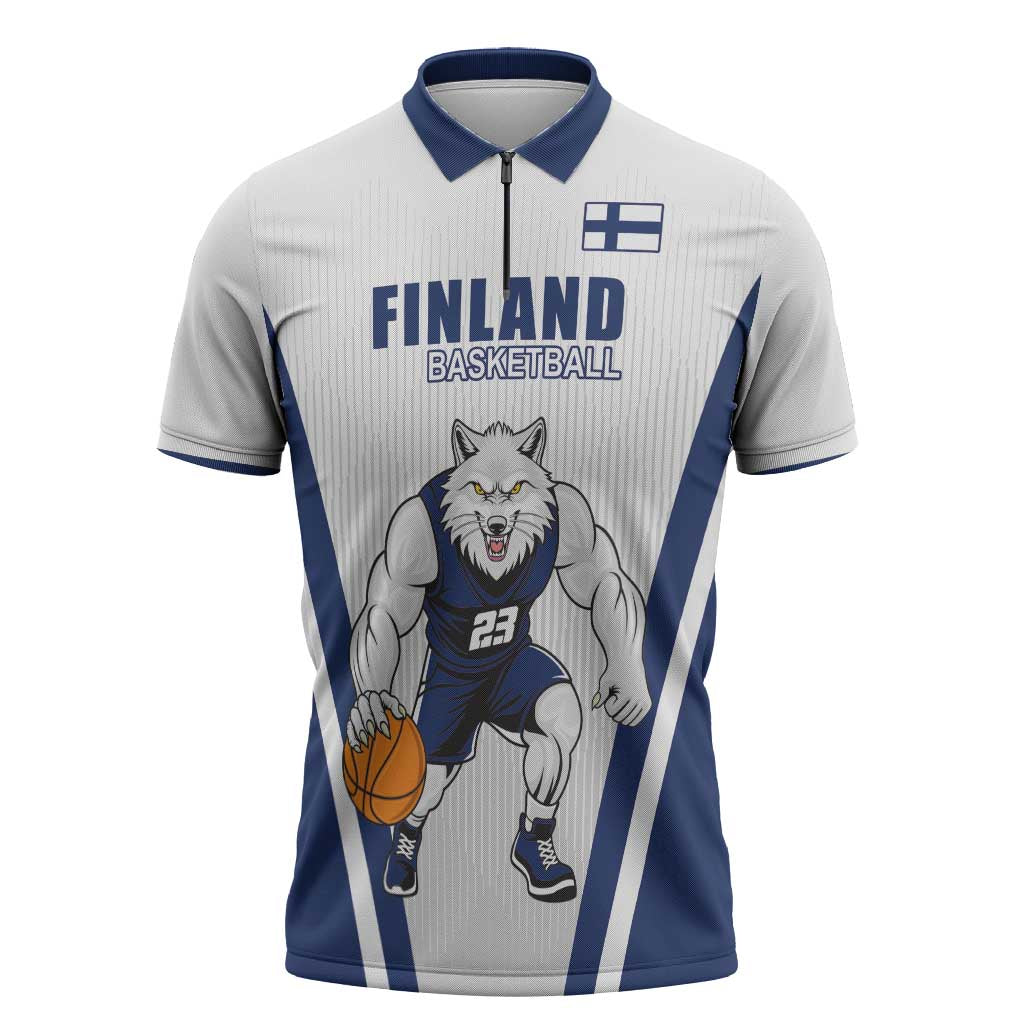 Finland Basketball Custom Zipper Polo Shirt Wolf Mascot Dynamic Style - Wonder Print Shop