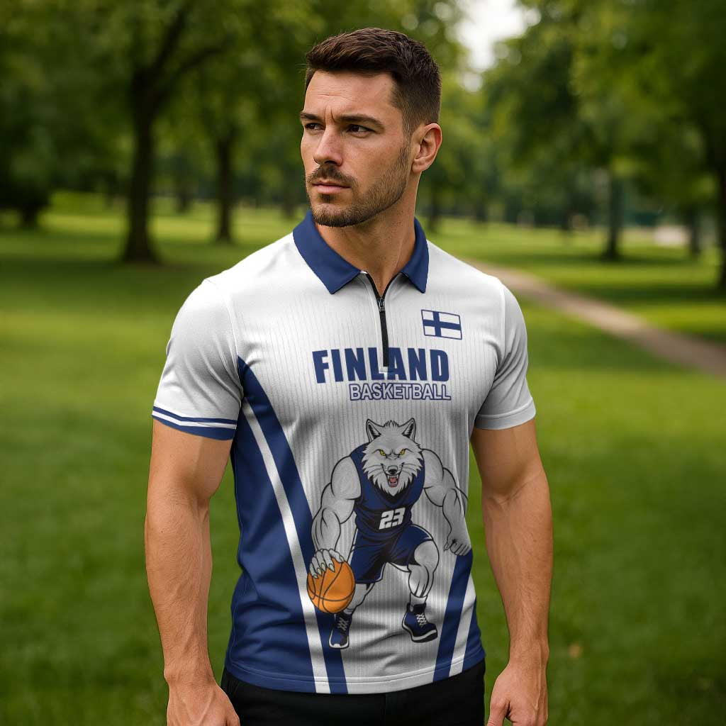 Finland Basketball Custom Zipper Polo Shirt Wolf Mascot Dynamic Style - Wonder Print Shop