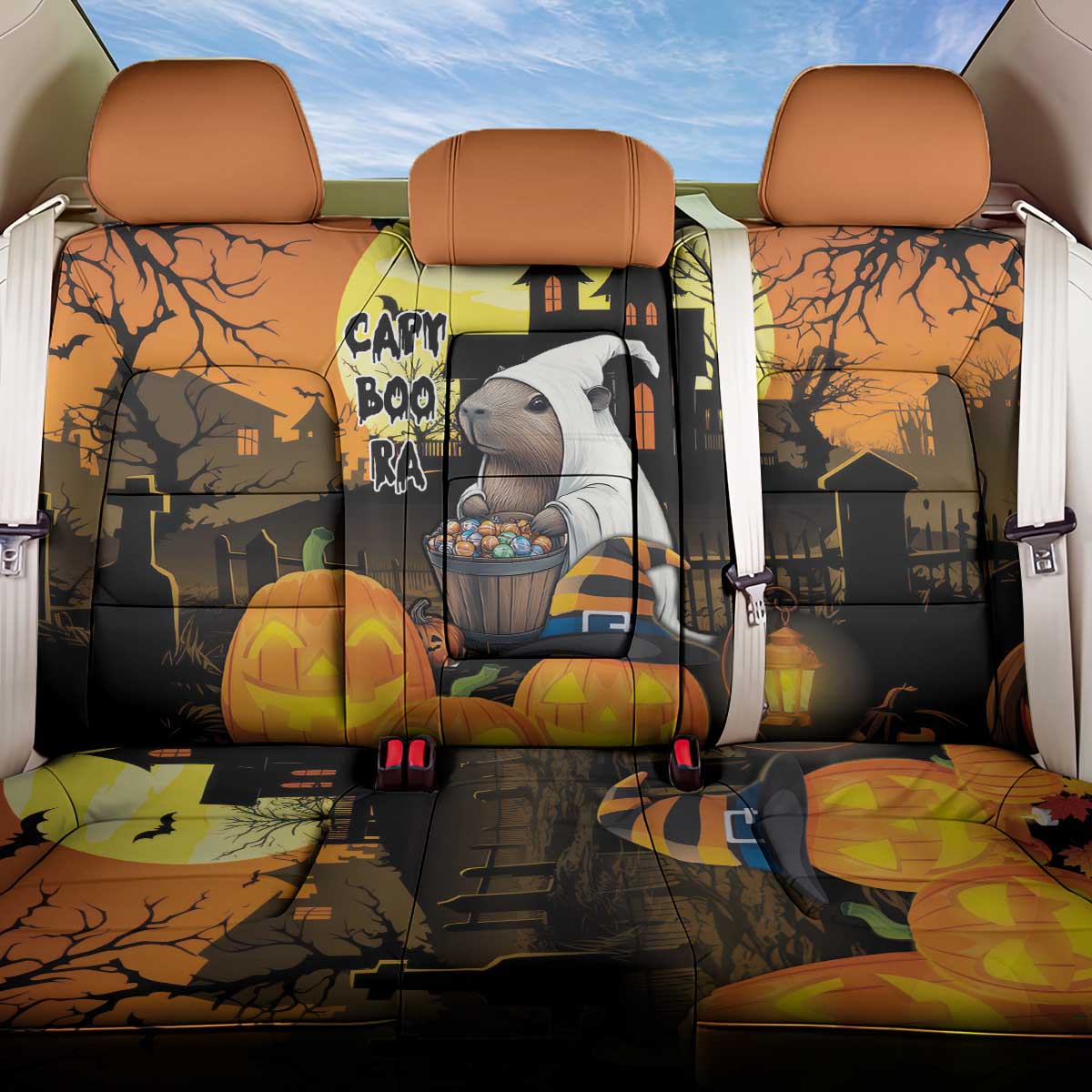 Capy-Boo-Ra Halloween Back Car Seat Cover Haunted House And Pumpkin Spooky - Wonder Print Shop
