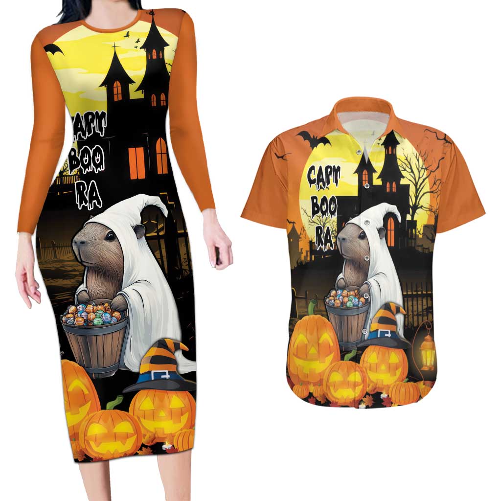 Capy-Boo-Ra Halloween Couples Matching Long Sleeve Bodycon Dress and Hawaiian Shirt Haunted House And Pumpkin Spooky - Wonder Print Shop