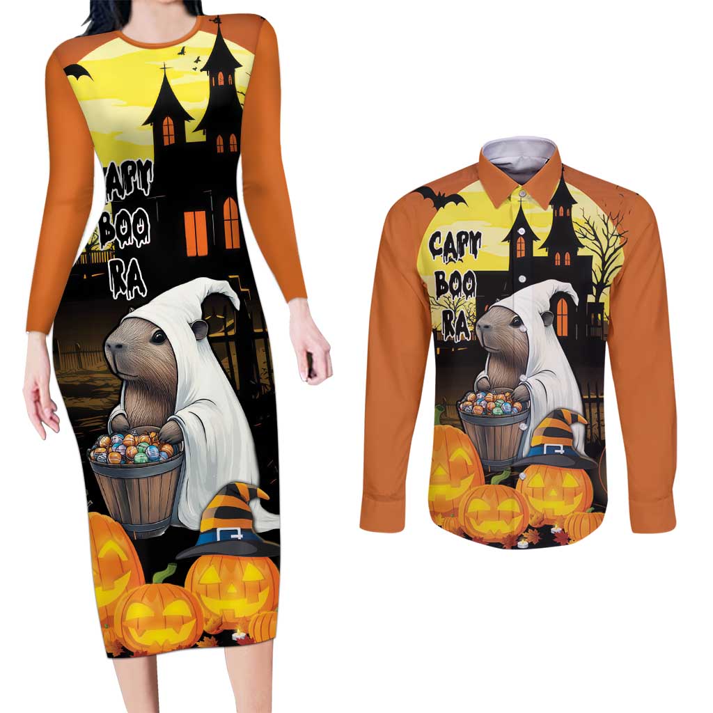 Capy-Boo-Ra Halloween Couples Matching Long Sleeve Bodycon Dress and Long Sleeve Button Shirt Haunted House And Pumpkin Spooky - Wonder Print Shop