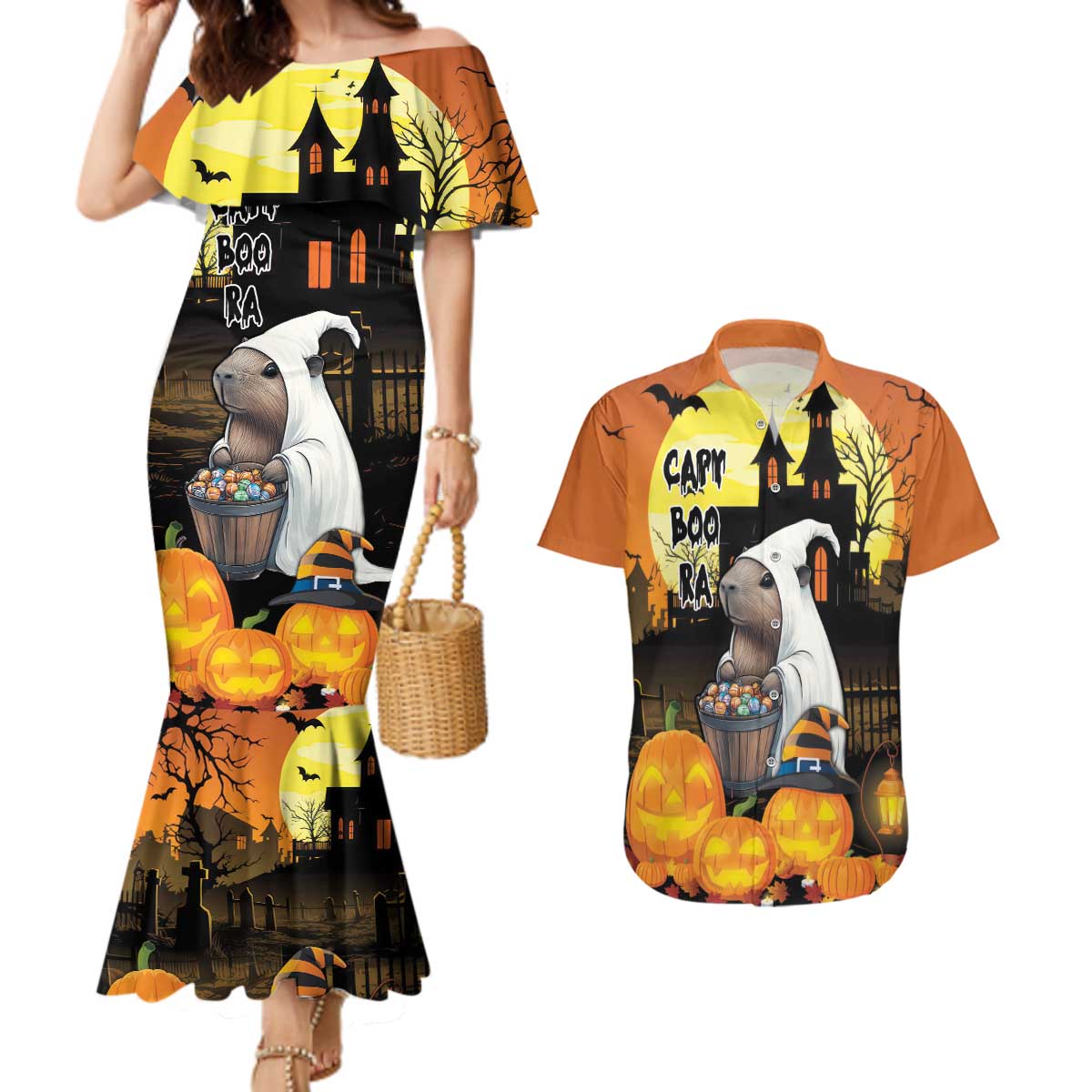 Capy-Boo-Ra Halloween Couples Matching Mermaid Dress and Hawaiian Shirt Haunted House And Pumpkin Spooky - Wonder Print Shop