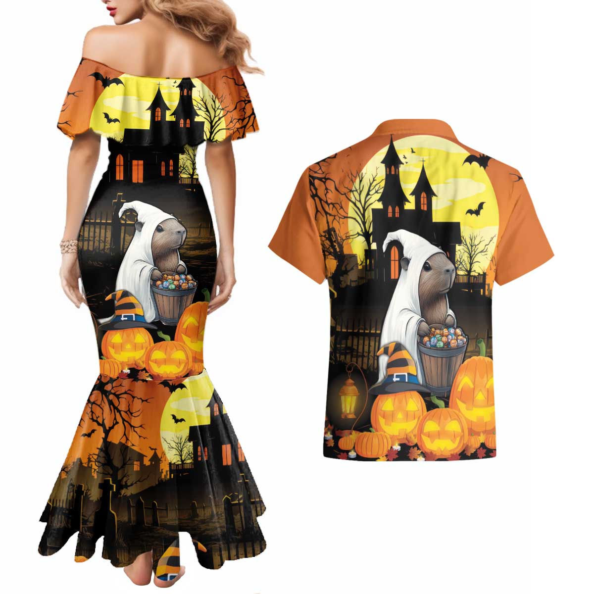 Capy-Boo-Ra Halloween Couples Matching Mermaid Dress and Hawaiian Shirt Haunted House And Pumpkin Spooky - Wonder Print Shop