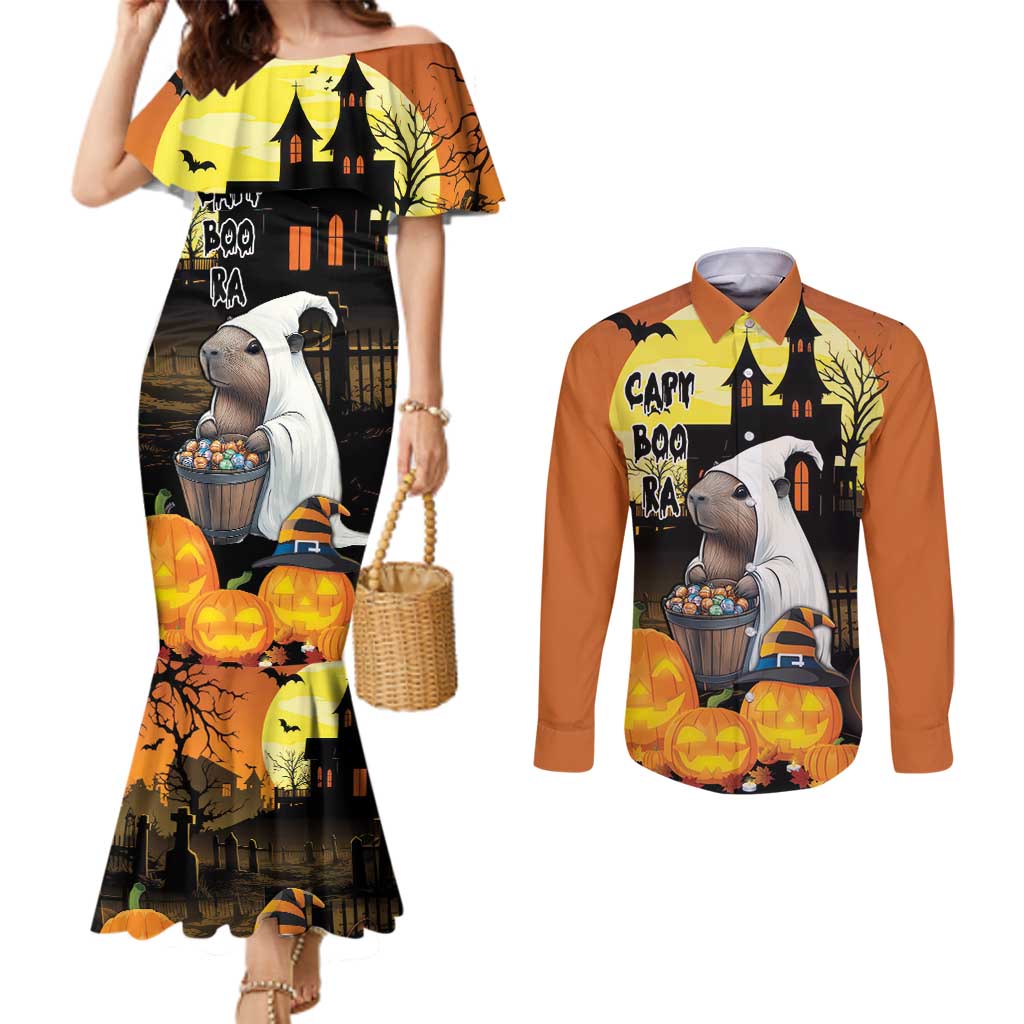 Capy-Boo-Ra Halloween Couples Matching Mermaid Dress and Long Sleeve Button Shirt Haunted House And Pumpkin Spooky