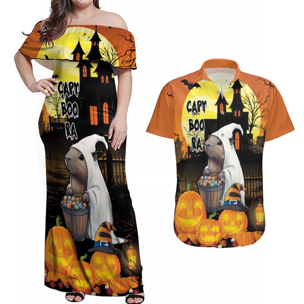 Capy-Boo-Ra Halloween Couples Matching Off Shoulder Maxi Dress and Hawaiian Shirt Haunted House And Pumpkin Spooky - Wonder Print Shop