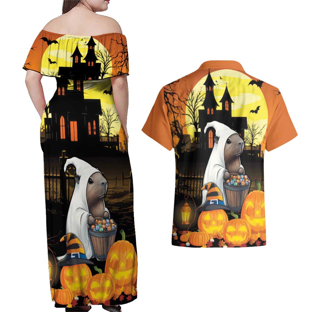Capy-Boo-Ra Halloween Couples Matching Off Shoulder Maxi Dress and Hawaiian Shirt Haunted House And Pumpkin Spooky - Wonder Print Shop