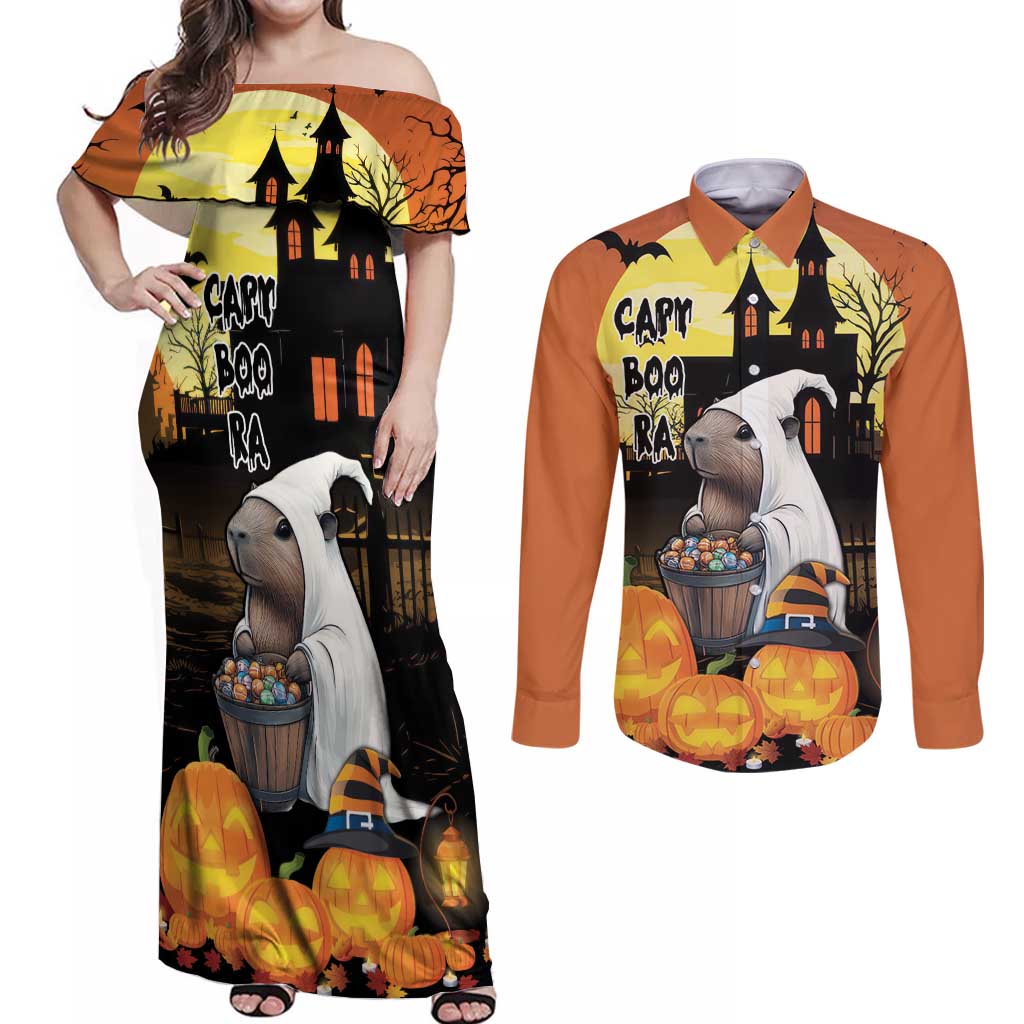 Capy-Boo-Ra Halloween Couples Matching Off Shoulder Maxi Dress and Long Sleeve Button Shirt Haunted House And Pumpkin Spooky - Wonder Print Shop
