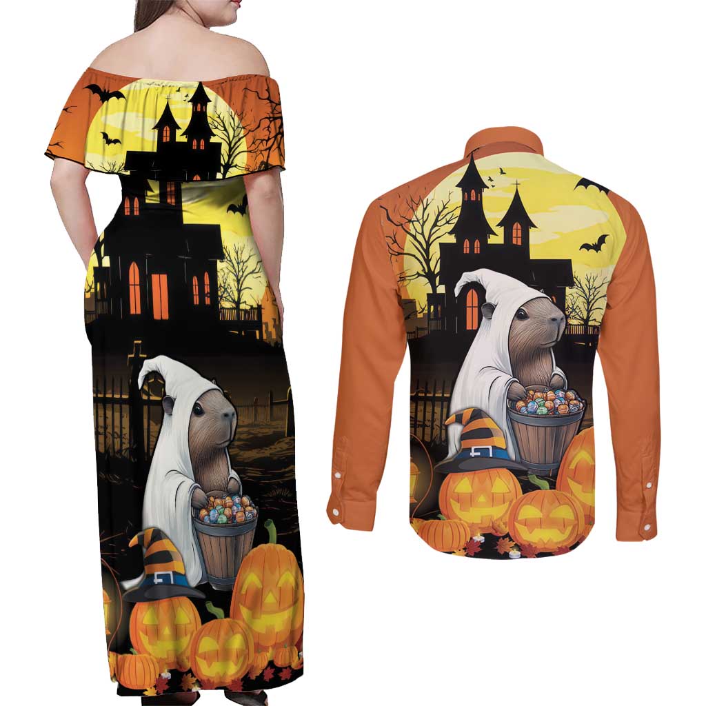 Capy-Boo-Ra Halloween Couples Matching Off Shoulder Maxi Dress and Long Sleeve Button Shirt Haunted House And Pumpkin Spooky - Wonder Print Shop