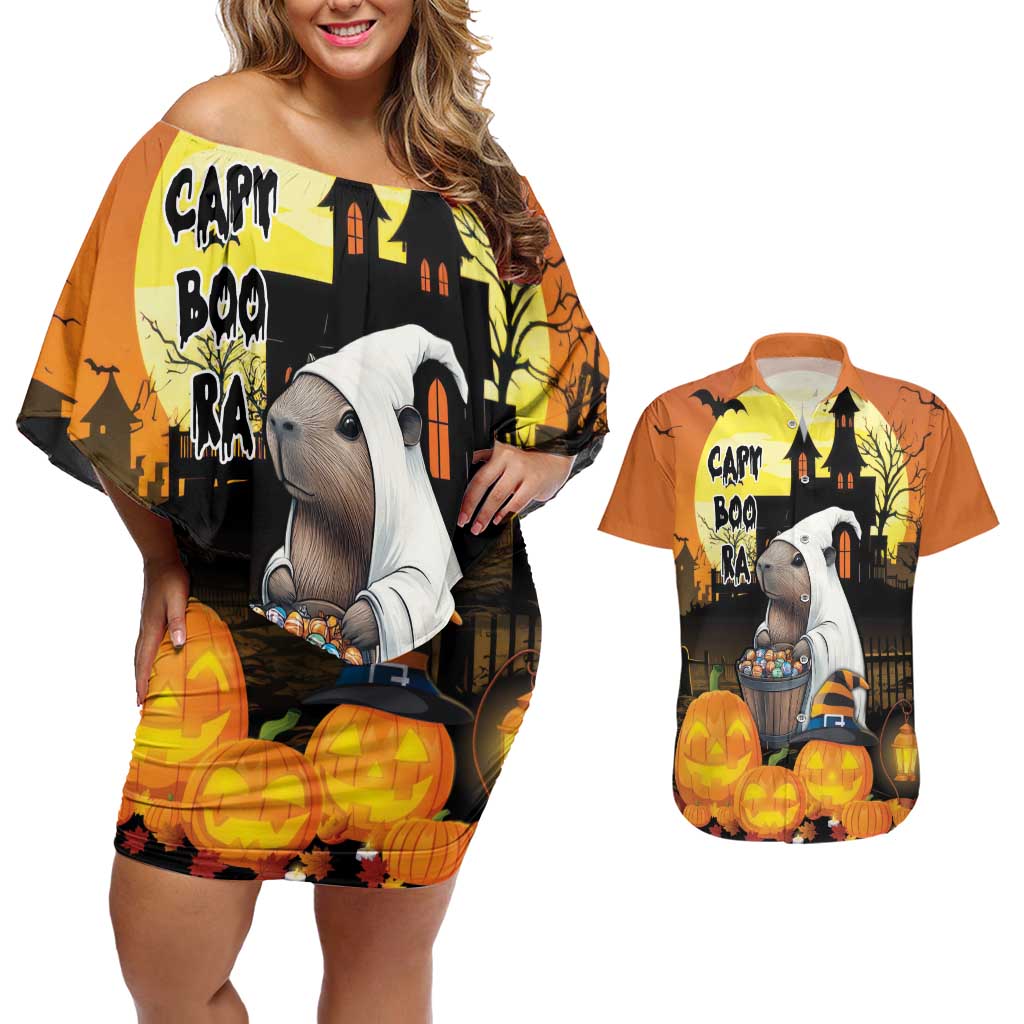 Capy-Boo-Ra Halloween Couples Matching Off Shoulder Short Dress and Hawaiian Shirt Haunted House And Pumpkin Spooky - Wonder Print Shop