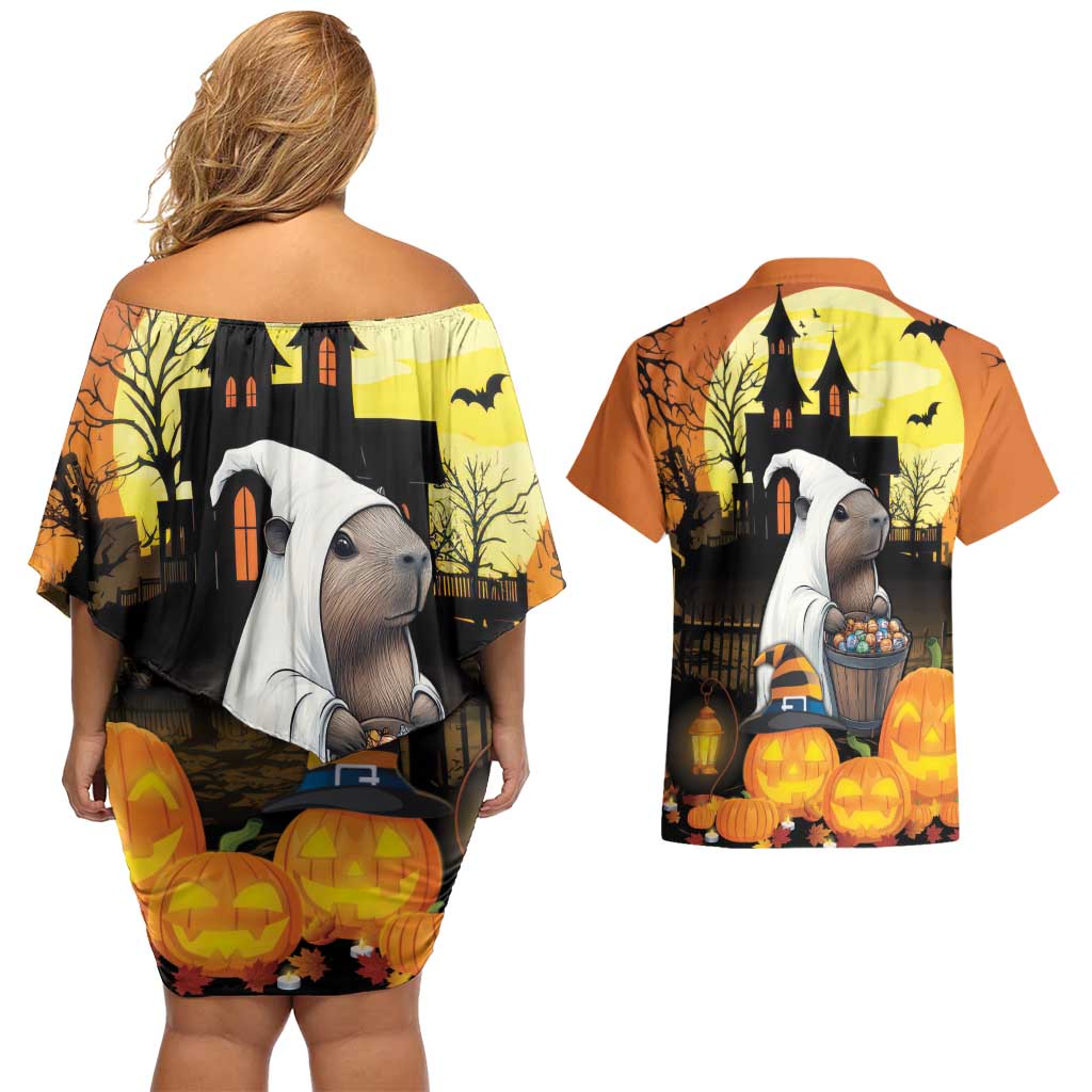 Capy-Boo-Ra Halloween Couples Matching Off Shoulder Short Dress and Hawaiian Shirt Haunted House And Pumpkin Spooky - Wonder Print Shop