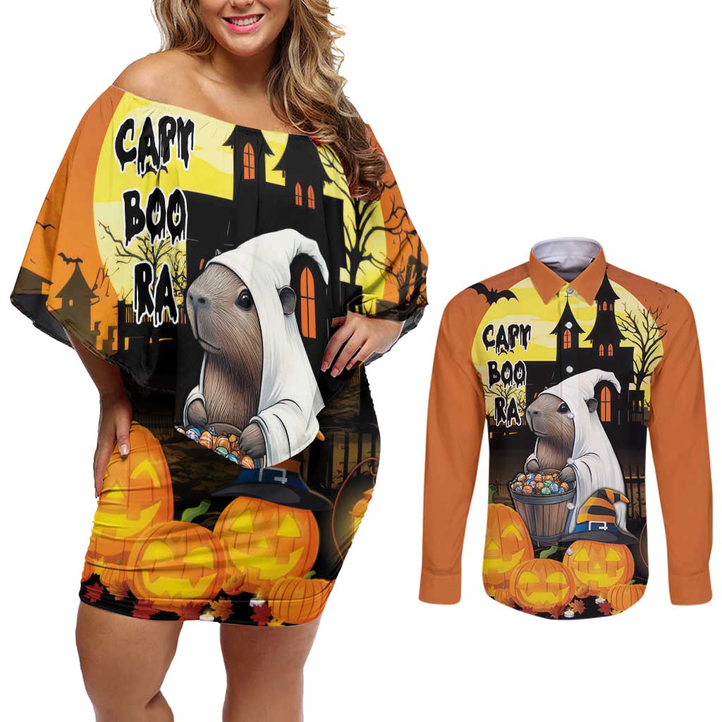 Capy-Boo-Ra Halloween Couples Matching Off Shoulder Short Dress and Long Sleeve Button Shirt Haunted House And Pumpkin Spooky - Wonder Print Shop