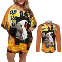 Capy-Boo-Ra Halloween Couples Matching Off Shoulder Short Dress and Long Sleeve Button Shirt Haunted House And Pumpkin Spooky - Wonder Print Shop