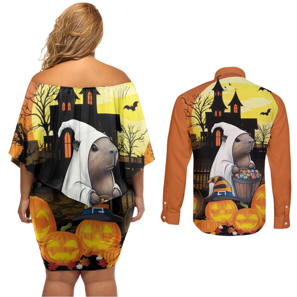 Capy-Boo-Ra Halloween Couples Matching Off Shoulder Short Dress and Long Sleeve Button Shirt Haunted House And Pumpkin Spooky - Wonder Print Shop
